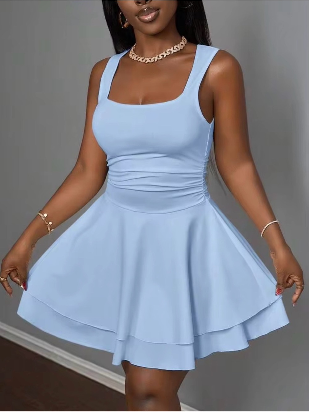 SHEIN Light Blue Basic Square Neck Double Layer Fit & Flare Dress, Size XS